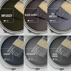 four different shades of paint with the words unplugged and black carpet on them