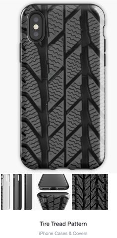 the tire tread pattern on an iphone case and cover is shown in black, with text below it