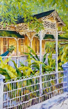 a painting of a fence and some plants in front of a house with a bird on it