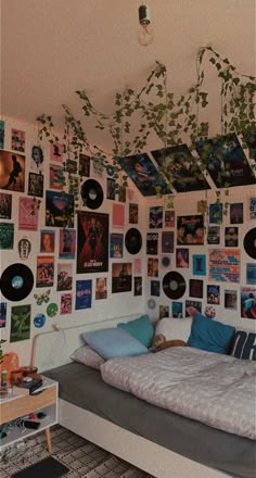 a bed sitting in a bedroom next to a wall covered with pictures and plants hanging from the ceiling