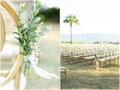 an outdoor ceremony set up with chairs and greenery