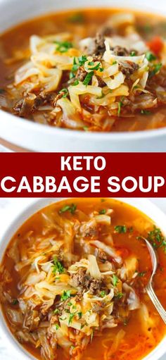 keto cabbage soup in a white bowl with a red border and the words keto cabbage soup above it