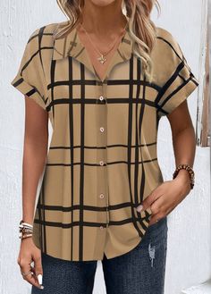 Package Contents : 1 X Blouse Color : Dark Coffee Printing Design : Plaid,Striped,Geometric, Print Placement Will Vary Clothing Length : Tunic Back Length(inch) :XXSXSSMLXLXXL25.025.626.226.827.728.829.41X2X3X4X17.317.818.419.0Note: The inaccuracy is between 1 and 1.5 inches due to manually measurement.Sleeve's Length : Short Sleeve Neckline : Shirt Collar Sleeve Style : Body Sleeve Season : Summer Style : Casual Occasion : Everyday Composition : 95% Polyester 5% Spandex Cheap Business Casual Blouse With Placket, Womens Shirts And Blouses, Cheap Button-up Blouse For Work, Clothes For Women Blouses, Cheap Women's Blouse With Placket, Cheap Women's Business Casual Shirt, Cheap Summer Business Casual Blouse, Women Dress Tops Blouses, Cheap Office Wear Shirt For Fall