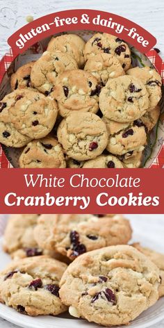 white chocolate cranberry cookies on a plate with the words gluten - free and