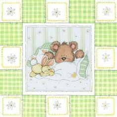 a teddy bear holding a yellow duck on a green and white checkered bed sheet