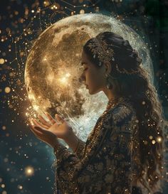 a woman holding a crystal ball in front of a full moon with sparkling lights all around her