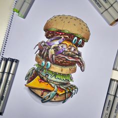 a drawing of a hamburger with many different toppings