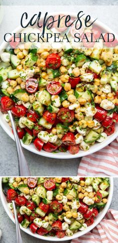 a salad with cucumber, tomatoes and chickpeas is shown in two separate bowls