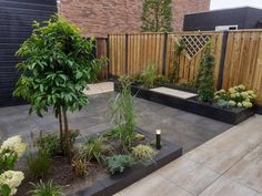 an outdoor garden with trees and plants in the center, surrounded by wooden fenced area