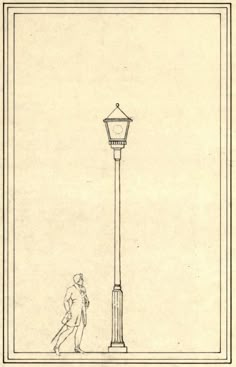 a drawing of a man walking past a lamp post