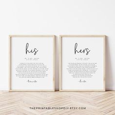 two framed prints with the words, he is and she is in cursive handwriting