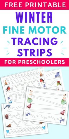 text "free printable winter tracing strips for preschoolers" above a flatlay of four printable winter tracing pages. Each page has four paths to trace. Cute winter themed watercolor clipart is on the left and right side of each line. Winter Prewriting Activities Preschool, Christmas Line Tracing Preschool, Winter Tracing Preschool Free Printables, Free Prewriting Printables, Fine Motor Skills Worksheets Free Printable, Winter Writing Activities Preschool, Prewriting Worksheets Free Printable, Pre Writing Worksheets Free, Prewriting Practice