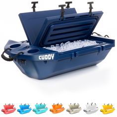 the cubby ice chest is shown with four different colors and features an open lid