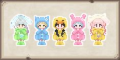 four pixel characters are standing in different outfits, one is wearing bunny ears and the other has