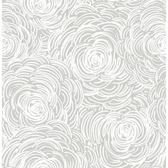 a white and gray wallpaper with swirls in the middle, on top of it