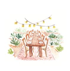 a watercolor drawing of a table and chairs with lights strung over it in the background