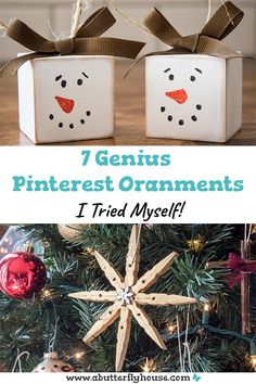 two snowmen made out of wooden blocks sitting on top of a christmas tree with text overlay that reads, 7 genius pinterest ornaments