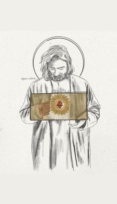 a drawing of jesus holding an object in his hands