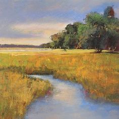 a painting of a river running through a grassy field