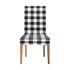 a black and white checkered chair with wooden legs