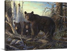 a painting of three bears in the woods