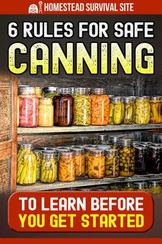 an advertisement for canning with jars full of pickles and canned vegetables in the background