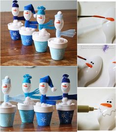 there are several pictures of snowmen in cups