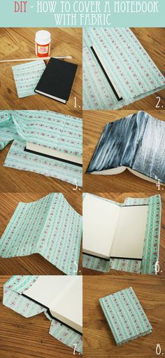 the instructions for how to make a diy book cover with fabric scraps and paper