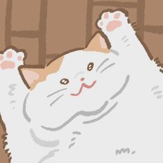 a drawing of a white cat with its paws up in the air and eyes closed