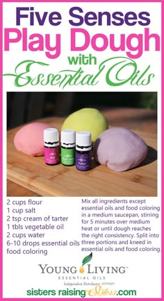 an advertisement for the young living play dough with essential oils, including three different colors