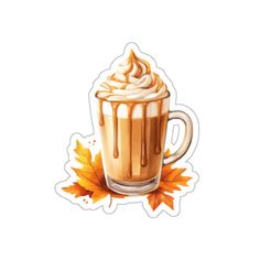 a cup of coffee with whipped cream and maple leaves