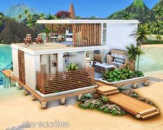 an artist's rendering of a house on the beach with furniture and tropical plants