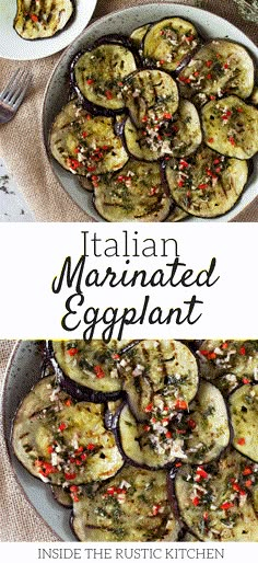 an eggplant dish is shown on a plate with the words italian marinated eggplant