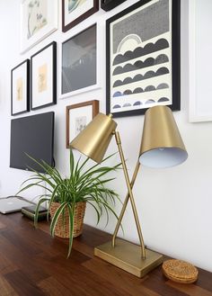 a wooden desk topped with a lamp next to a plant and pictures on the wall