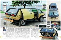 an article in the magazine features pictures of cars and people standing around them, including a car