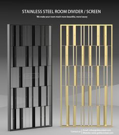 a metal and wood room divider screen with the text stainless steel room divider screen