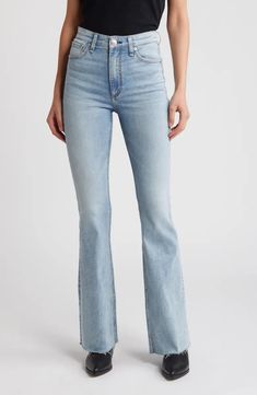 rag & bone Casey Raw Hem High Waist Flare Jeans | Nordstrom Fall Light Wash Flare Jeans, Flare Light Wash Jeans For Fall, Light Wash Flare Jeans For Fall, Fitted Flare Jeans With Frayed Hem In Medium Wash, Fall Light Wash Full Length Flare Jeans, High-rise Medium Wash Flares With Five Pockets, Flare Jeans With Frayed Hem, Fitted Flares With Frayed Hem And Straight Leg, Trendy Medium Wash Flare Jeans