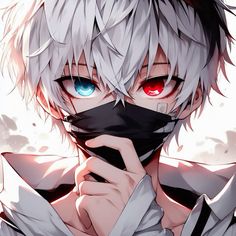 an anime character with white hair and red eyes wearing a black mask, looking at the camera