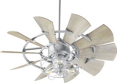 a white ceiling fan with wooden blades