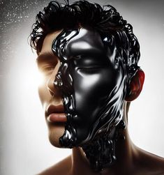 a man's face is covered in black liquid and has his eyes closed to the side