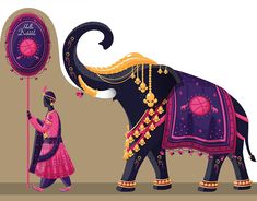 an elephant dressed in pink and purple is standing next to a woman with a fan