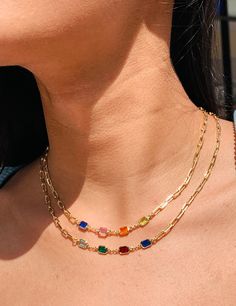 "Unleash your vibrant style with our Multicolor Gemstone Gold Filled Paperclip Necklace. This captivating piece showcases a modern paperclip or curb chain design adorned with an array of dazzling gemstone(s) in a variety of vivid hues. Each gemstone adds a pop of color, creating a mesmerizing visual appeal that effortlessly complements any outfit. Chain Length: 16\" + 2\" Extension Our best selling Gold filled Gemstone Necklace! The perfect addition to layering with other dainty gold chains. Cha Paperclip Necklace, Necklace Birthstone, Jewelry Dainty, Necklace Layering, Charm Necklaces, Sell Gold, Chain Design, Alessandra Ambrosio, Vanessa Hudgens