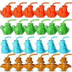 an assortment of different colored plastic water jugs with handles and caps on white background