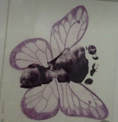 a drawing of a purple butterfly with black spots on it's wings and feet