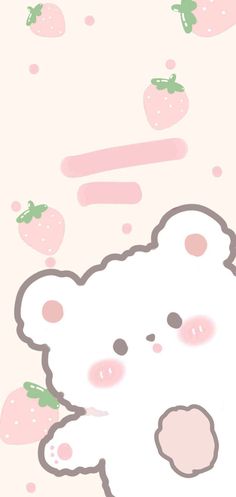 a drawing of a white teddy bear with strawberries on it's back and pink background