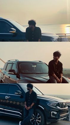 two men sitting on the hood of a blue car and another man standing in front of a black suv