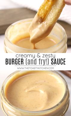 two jars filled with cream and zesty sauce, one has a pretzel sticking out of it