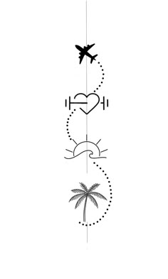 a black and white drawing of an airplane flying in the sky with a palm tree