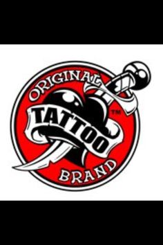 the original tattoo brand logo is red and black with white lettering on it, as well as two crossed swords