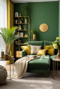 a living room with green walls and yellow pillows on the couches, gold vases and potted plants